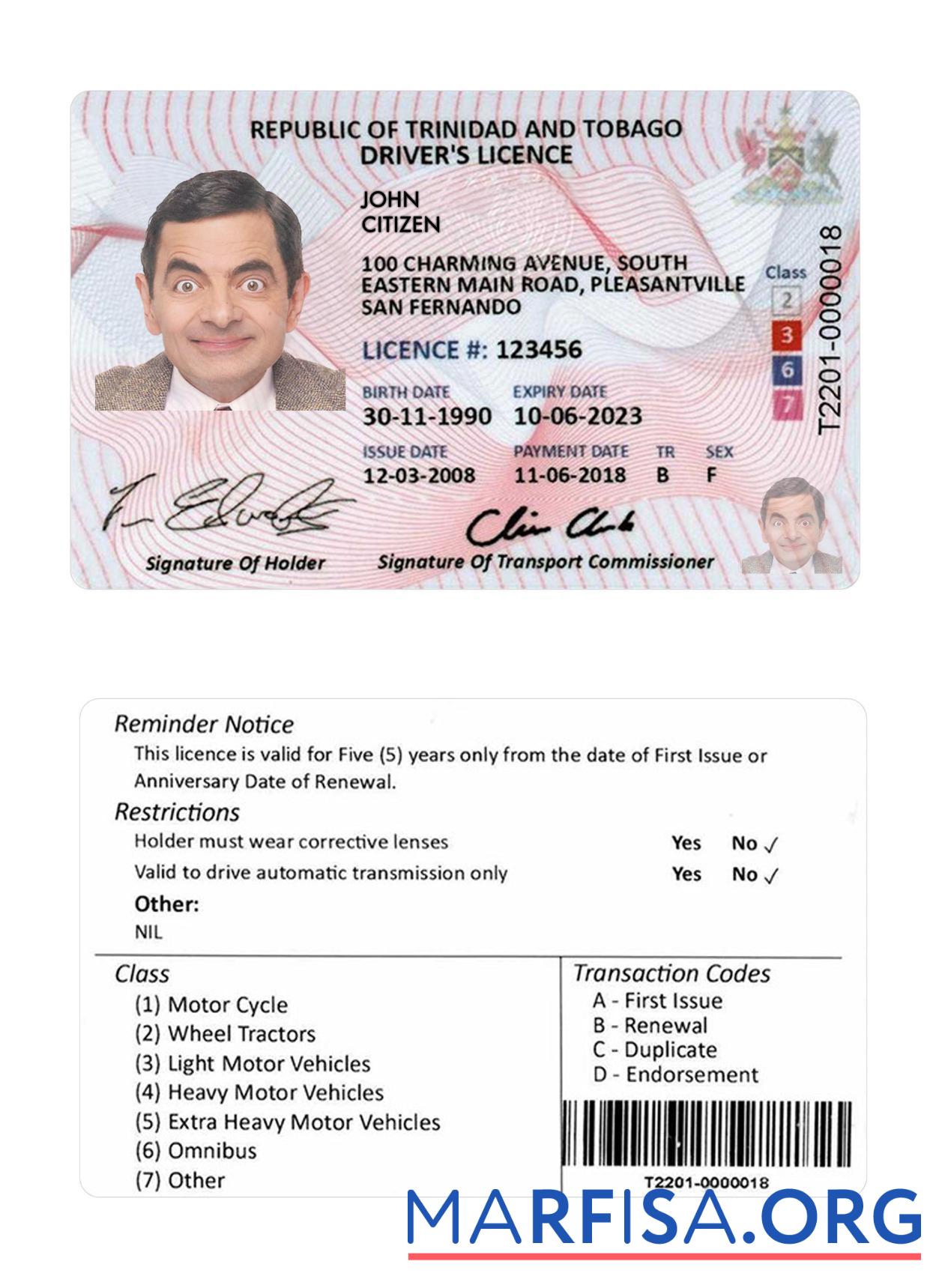 Printable Trinidad and Tobago driving license example